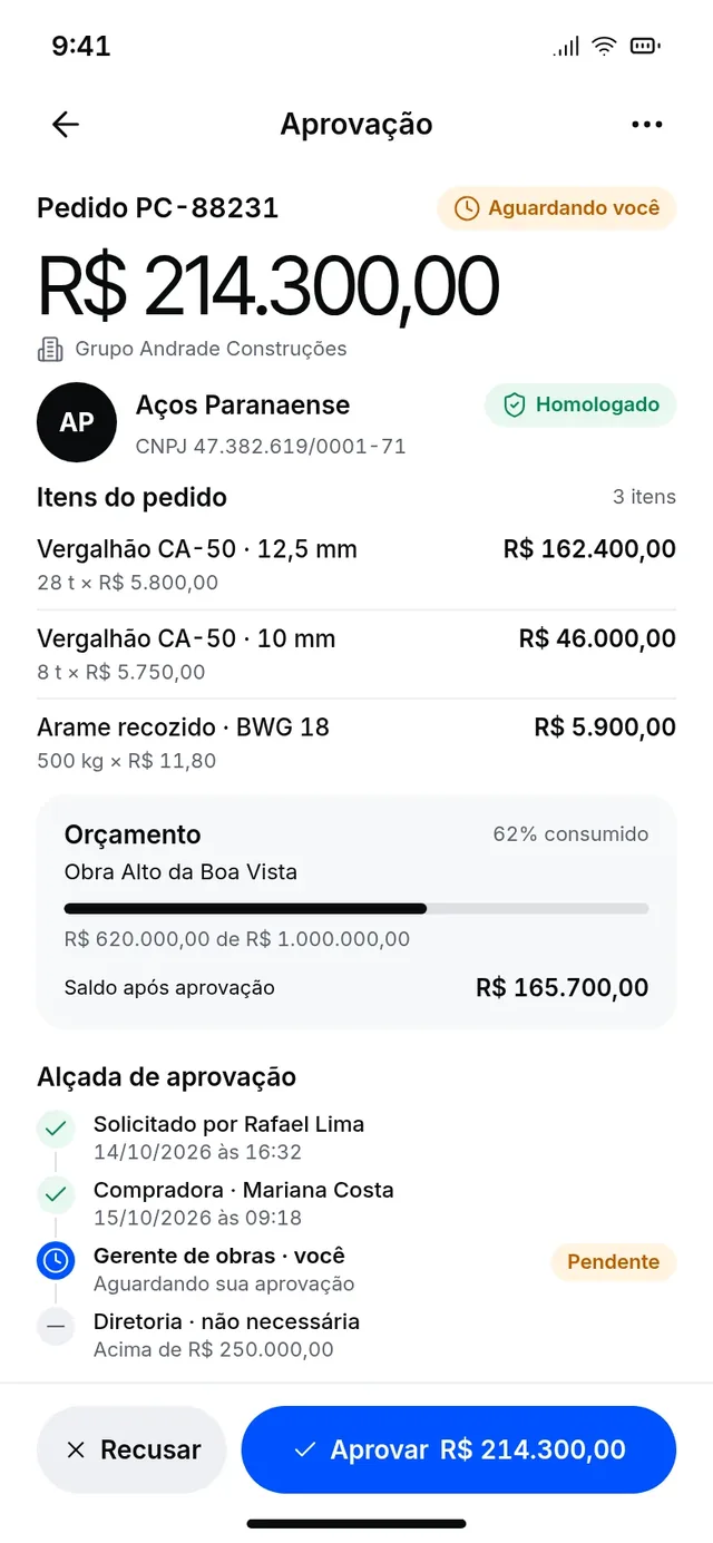 Aprovação de pedido de R$ 214.300,00 no celular, com orçamento da obra e alçada de aprovação.