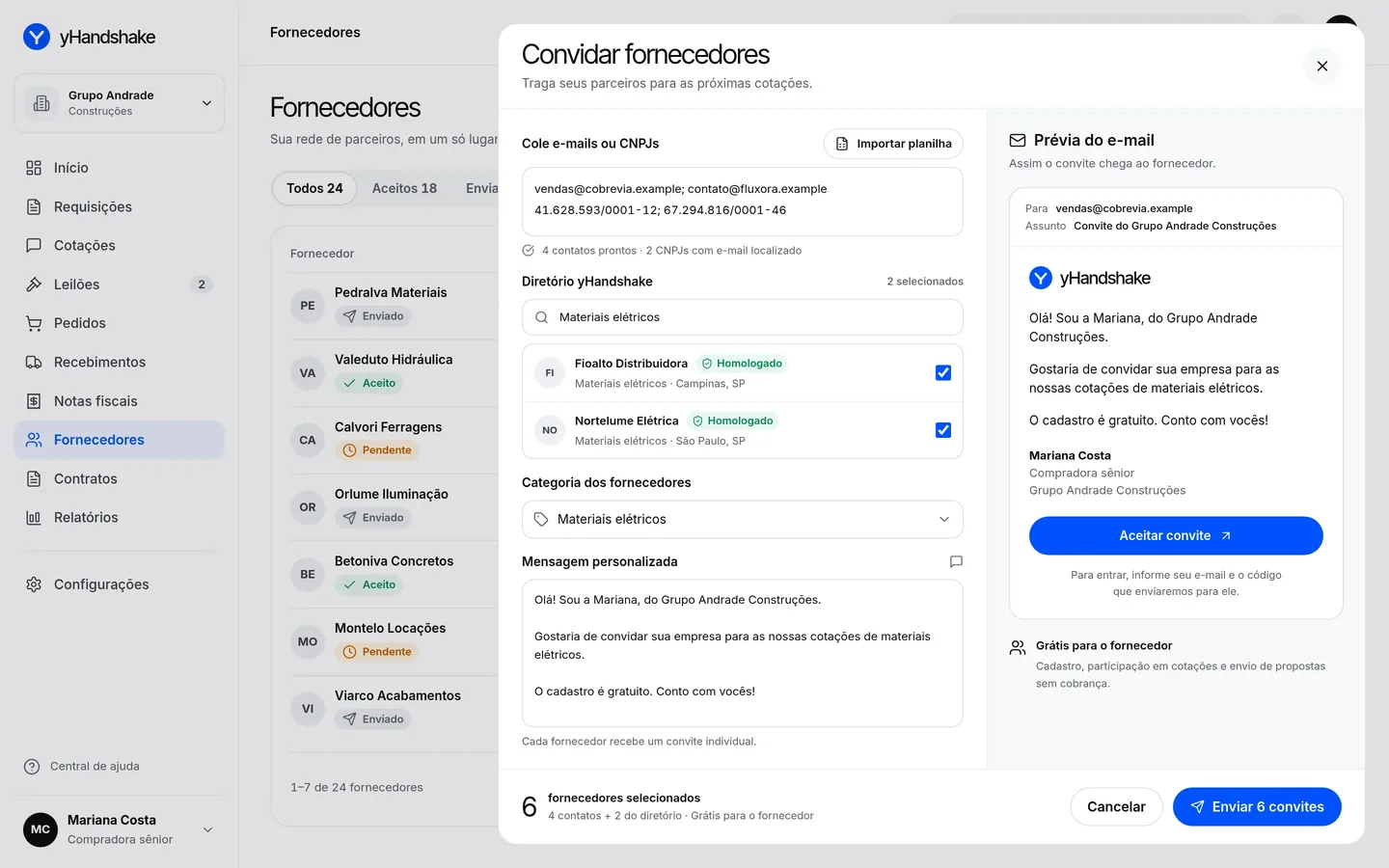Tela de convite a fornecedores por e-mail, CNPJ ou planilha, com seleção de categoria e mensagem individual.