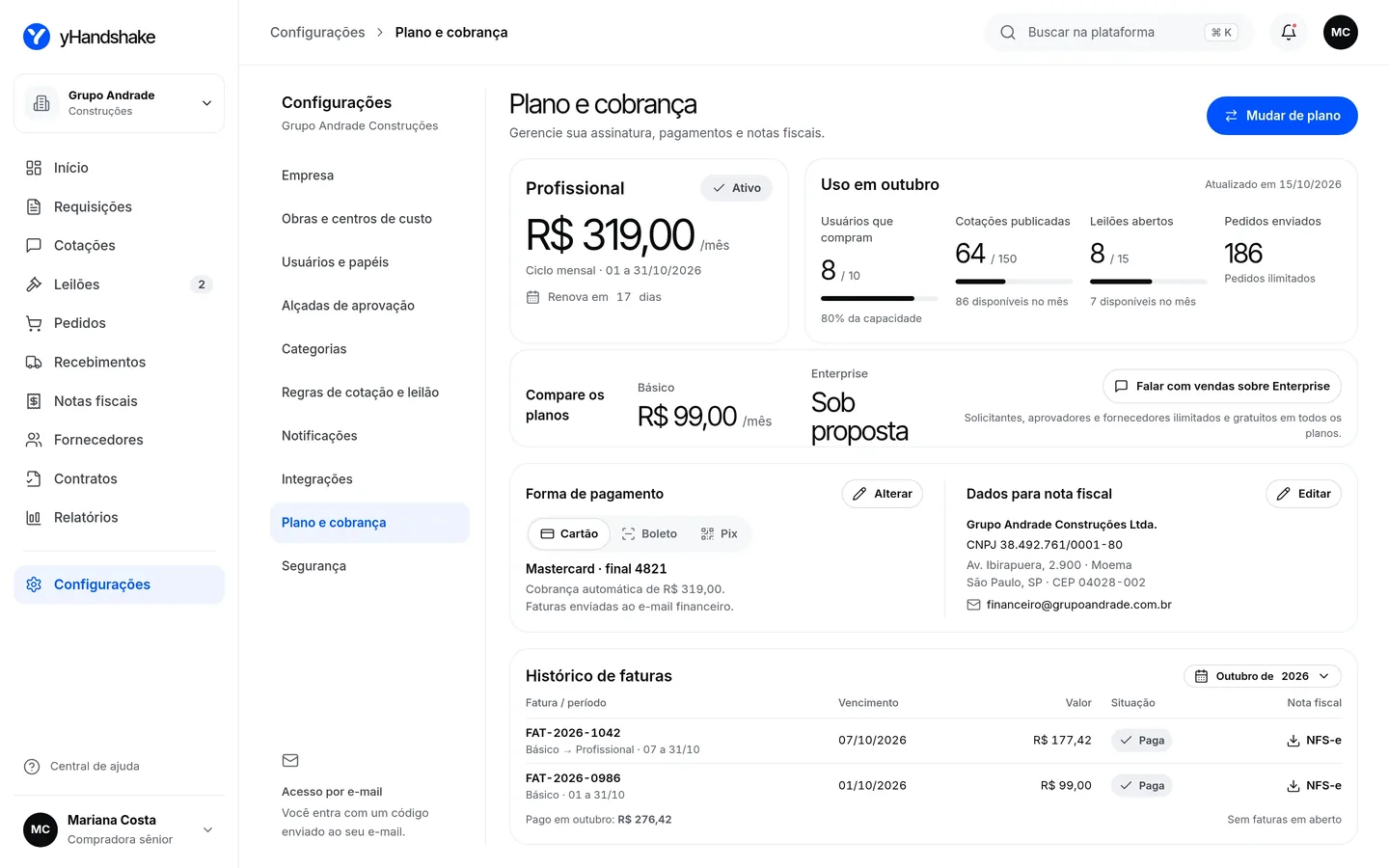 Tela de plano e cobrança do yHandshake, com assinatura Profissional, uso mensal, botão Mudar de plano e histórico de faturas.