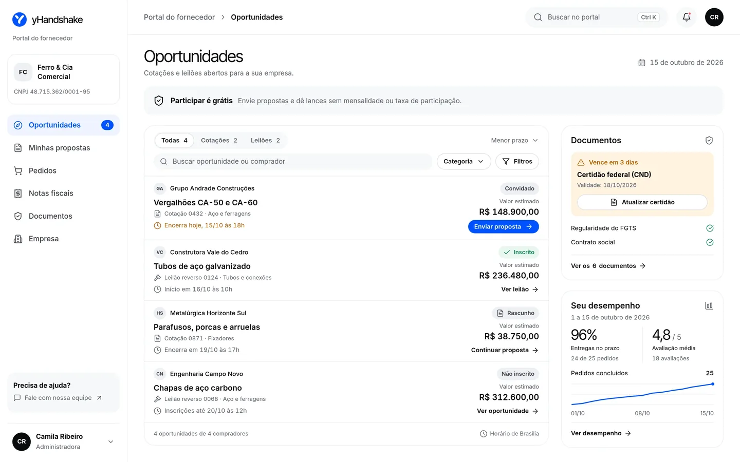 Portal do fornecedor no computador, com convites para cotações e leilões, propostas em rascunho e documentos próximos do vencimento.
